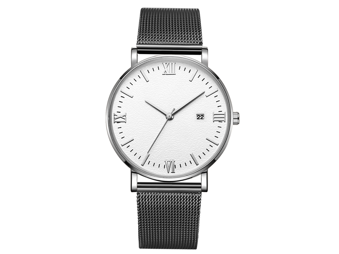 Relógio de pulso mecânico masculino, corpo esportivo prateado, pulseira preta, mostrador branco.