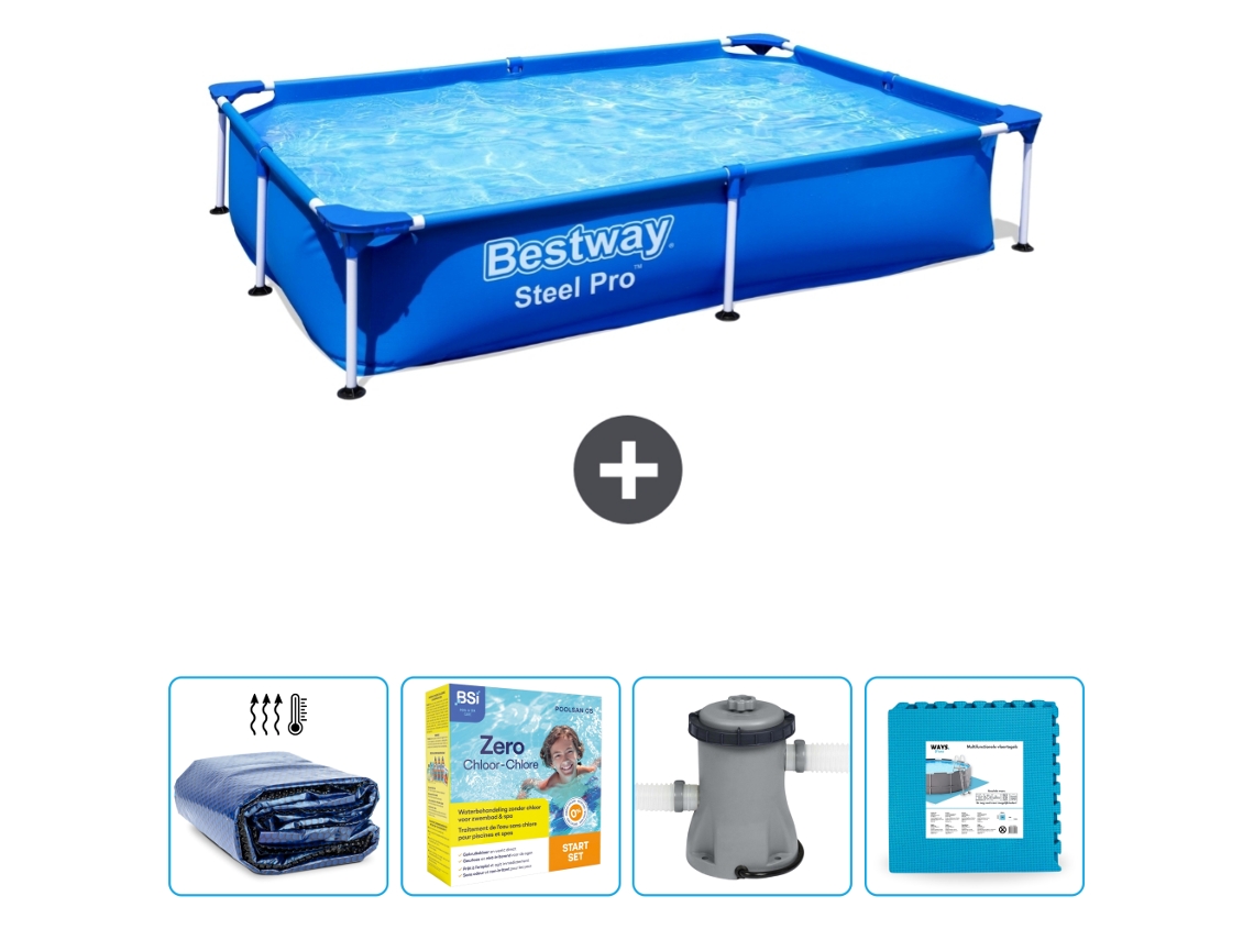 Piscina Retangular de Aço Pro BESTWAY 221 X 150 X 43 Cm Azul Incluída Vela Solar Pacote de Manutenção Bombear Ladrilhos