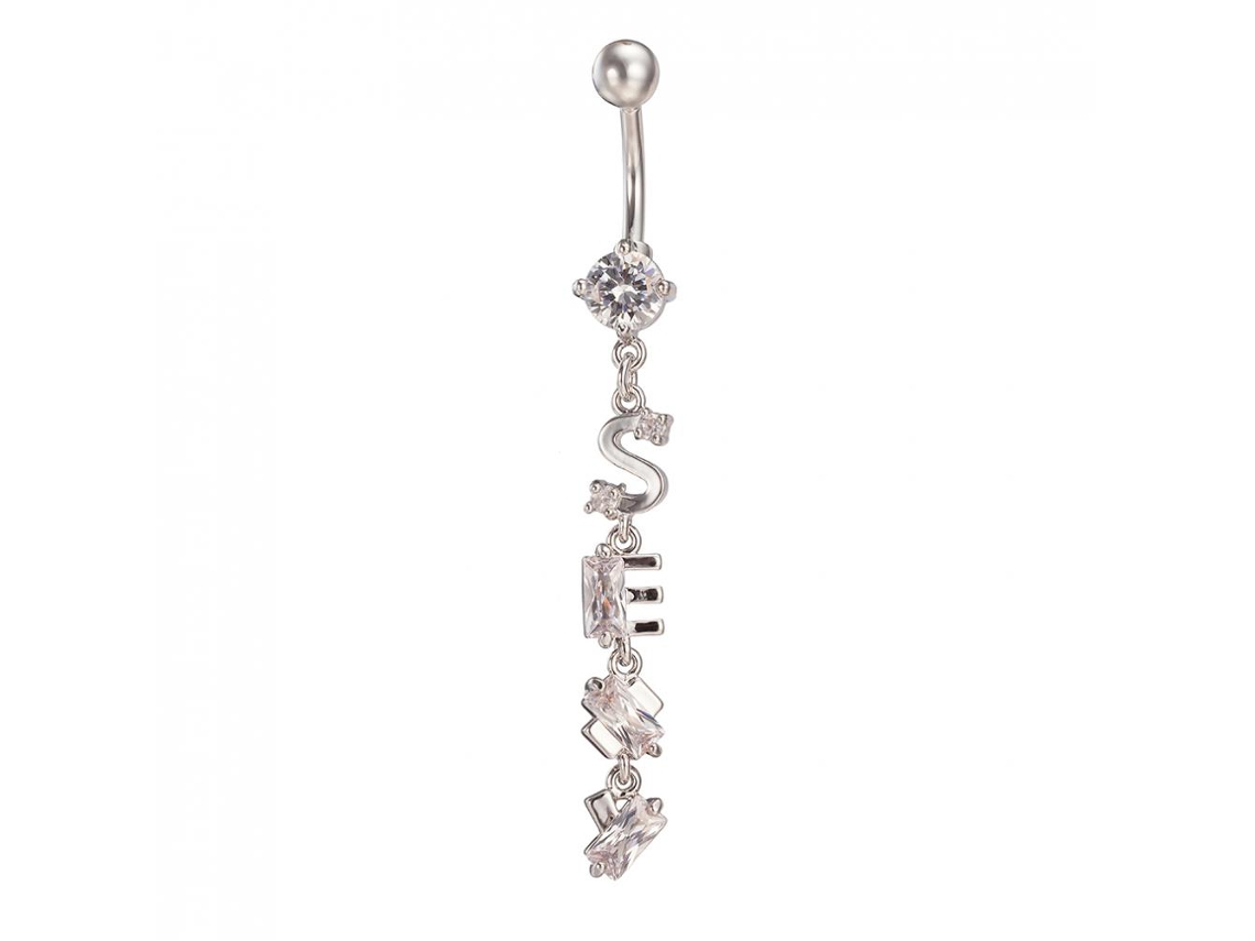 Anel De Umbigo Zirconio Inox Branco Com Tassel Longo Formas De Letras