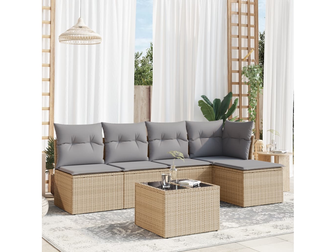 Vidaxl 6 Pcs Conjunto De Sofás P/ Jardim Com Almofadões Vime Pe Bege