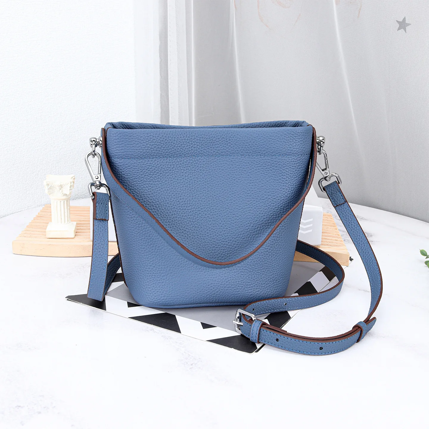 (azul) Mini Bolsa De Ombro Estilo Balde Feminina, Design De Marca, Bolsa Feminina Em Couro