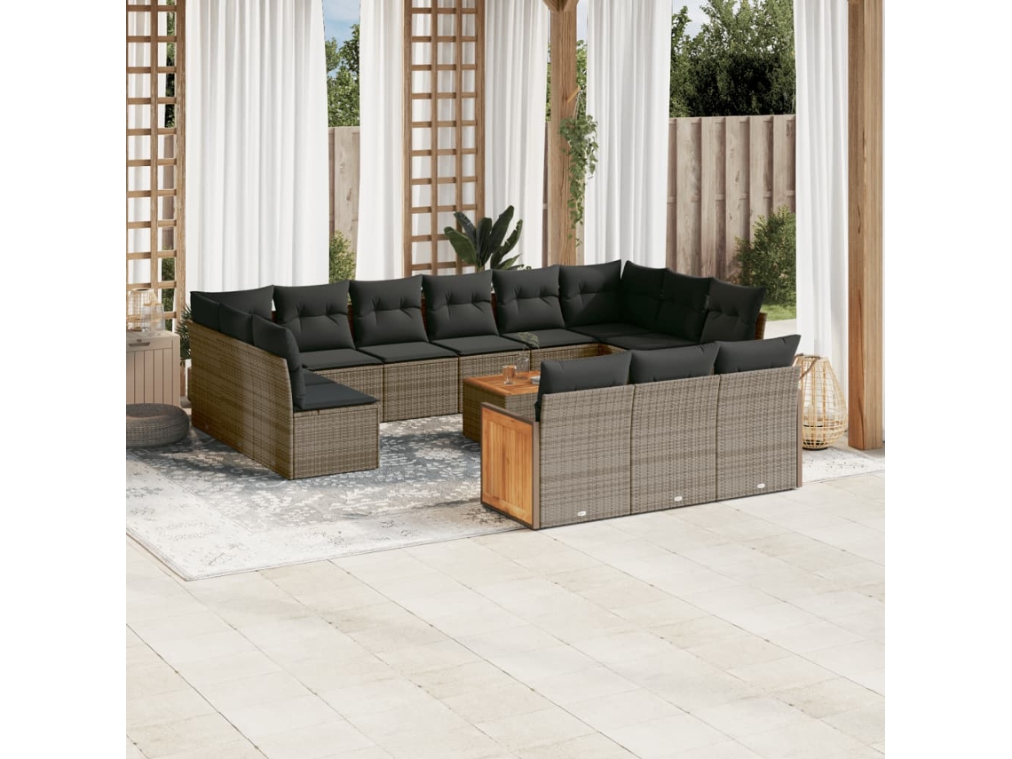 Vidaxl 14 Pcs Conjunto Sofás P/ Jardim C/ Almofadões Vime Pe Cinzento