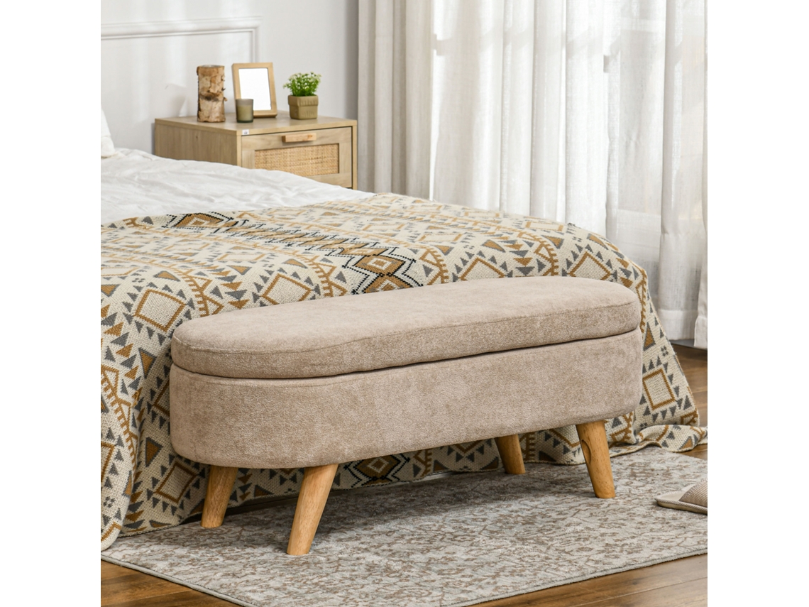 Banco Pé Cama Armazenamento Assento Acolchoado Pernas Madeira 110x40x43 Cm Bege