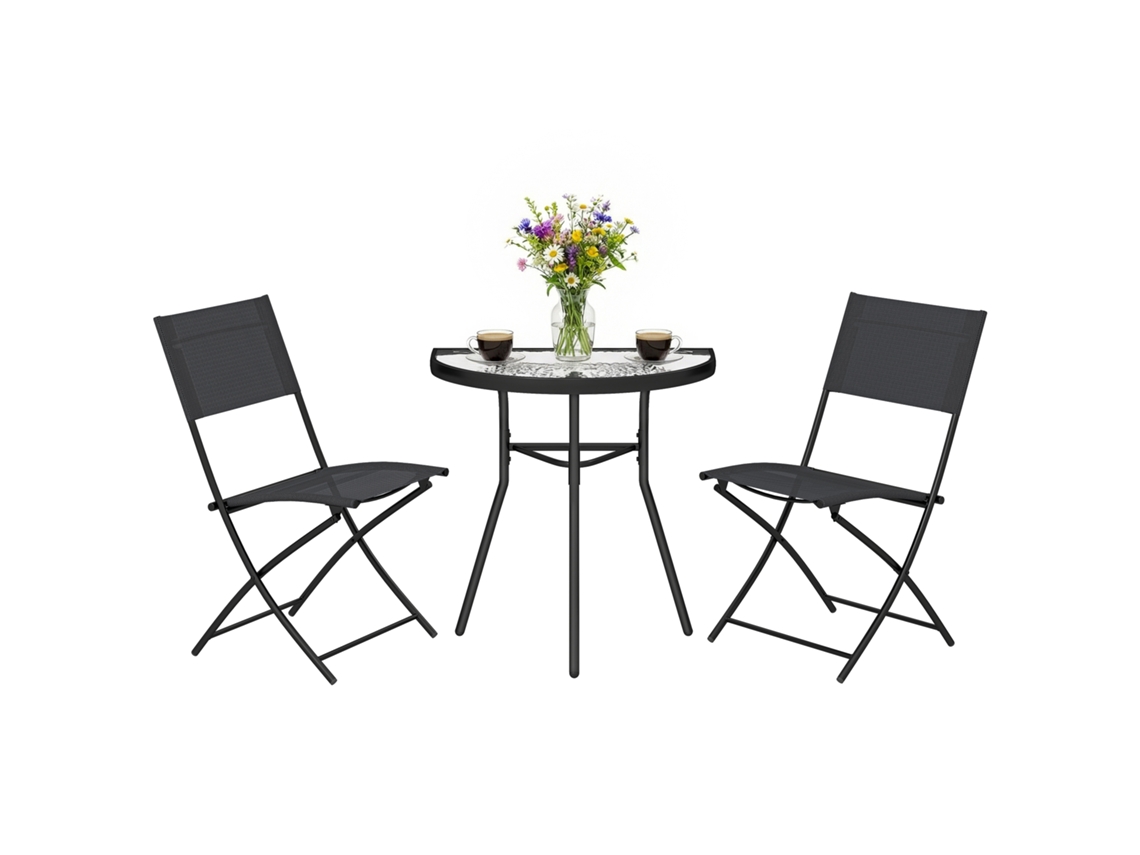 Conjunto de Bistrô Externo BTFORUS 3 peças com cadeiras dobráveis e mesa de vidro semi circular preto