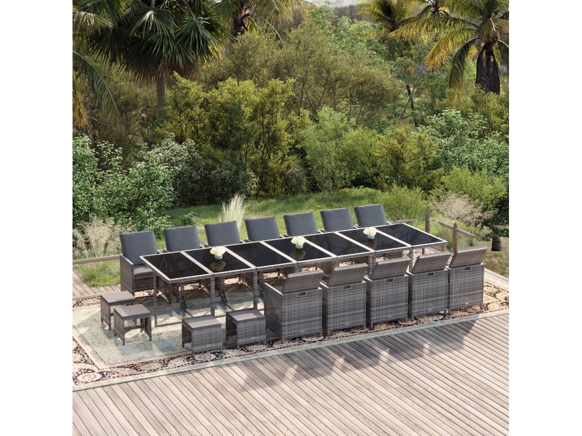 Vidaxl 21 Pcs Conjunto Jantar P/ Jardim C/ Almofadões Vime Pe Cinzento