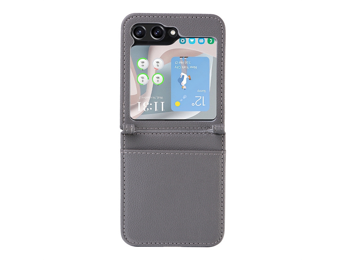 Capa Para Celular Com Compartimento Para Cartão Sim, Capa De Couro De Peça Única Com Estampa De Lichia.samsung Z Flip 5 Cinza