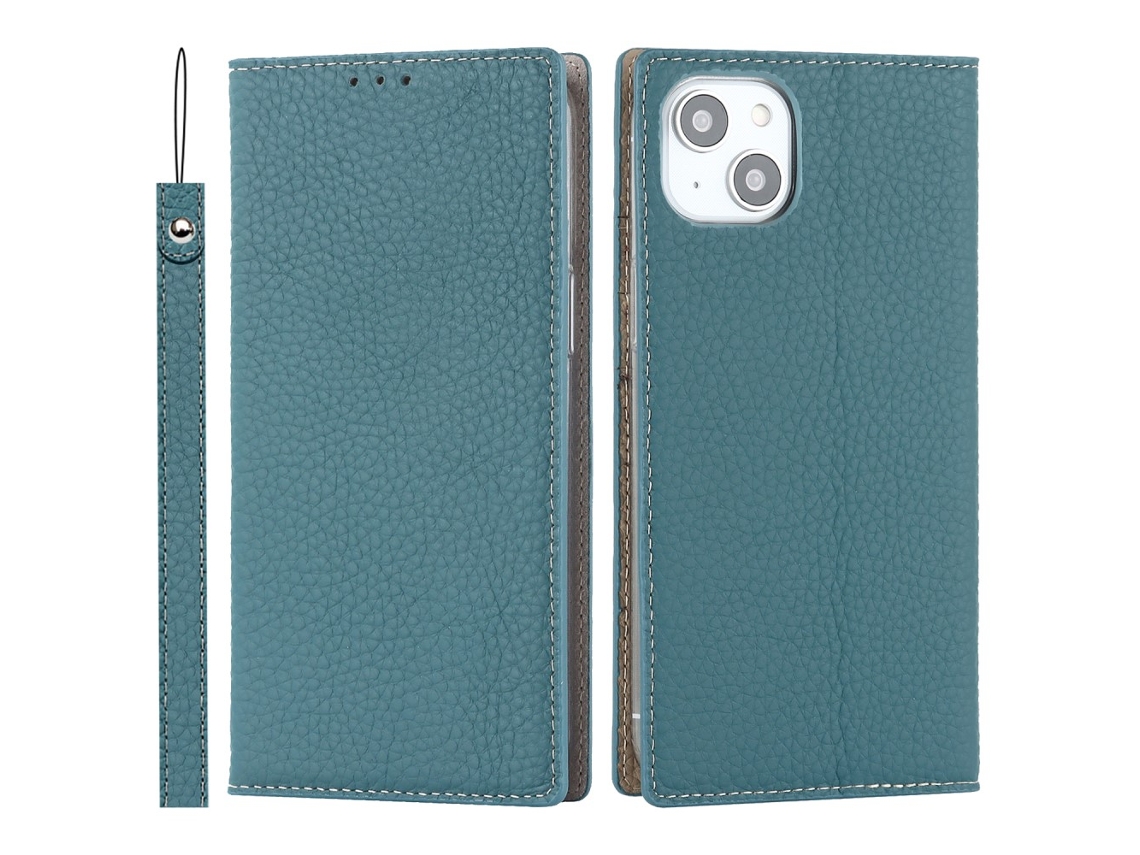 Capa Em Couro Genuíno Anti-queda, Textura Lichia, Com Suporte E Pega Para Apple Iphone 15 - Azul Bebé