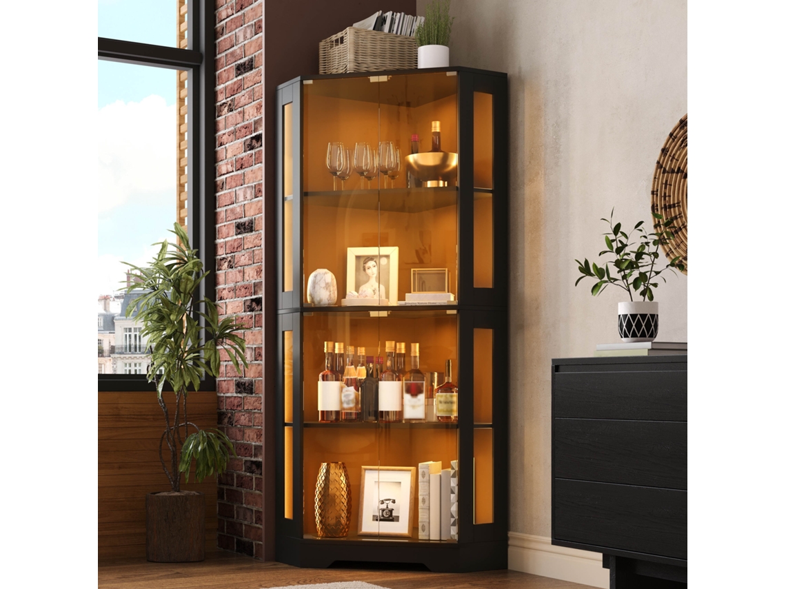 Vitrine De Canto Em Vidro De Segurança Com Quatro Níveis E Led De 165 Cm, Móvel Para Vinho Moderno Para Decoração E Garrafas