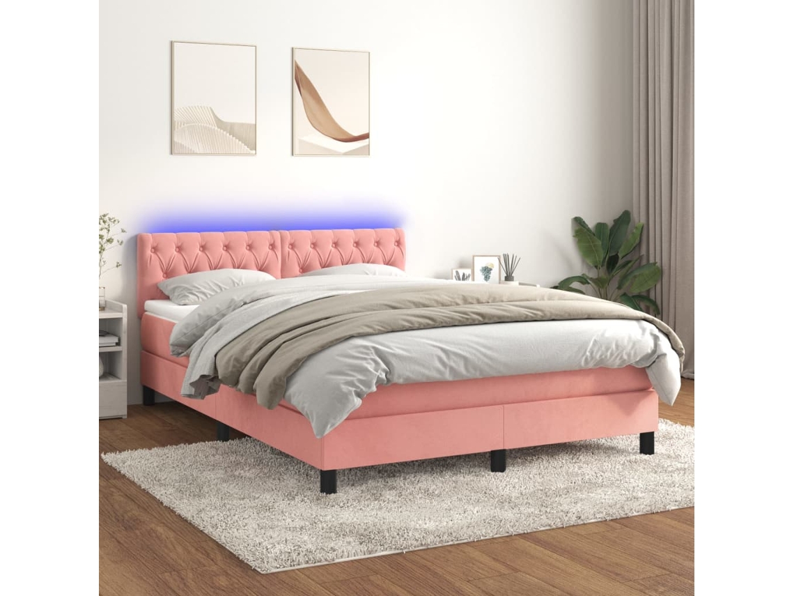 Vidaxl Cama Box Spring C/ Colchão/led 140x190 Cm Veludo Rosa