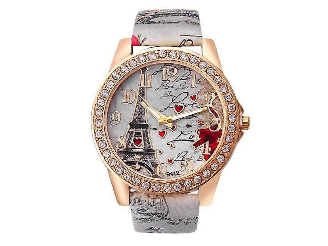 Relógio Feminino Com Pulseira De Couro Estampada Com Torre Eiffel E Corações, Movimento Quartzo.