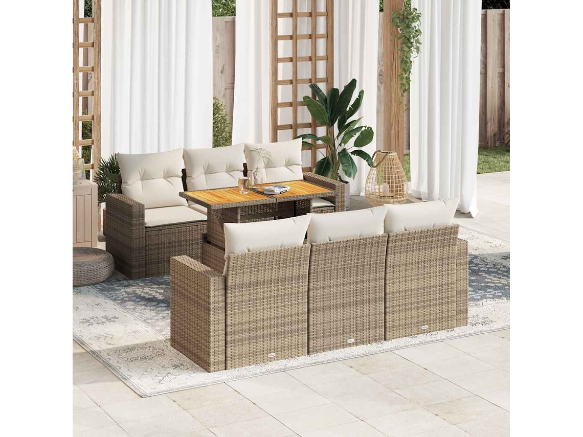 Vidaxl 7 Pcs Conjunto De Sofás P/ Jardim Com Almofadões Vime Pe Bege