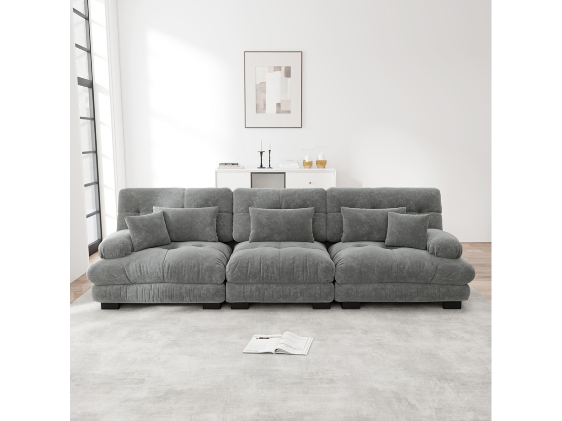 Sofá Modular 3 Lugares Em Chenille Cinza Com Assento Profundo E Confortável