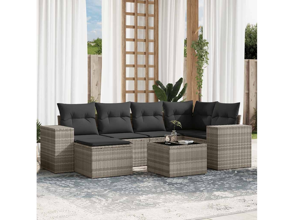 Vidaxl 7 Pcs Conj. Sofás Jardim Com Almofadões Vime Pe Cinzento-claro