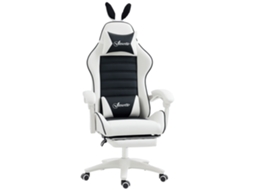 Cadeira gamer giratória, couro PU, altura ajustável, inclinável, 135°, Branco/preto