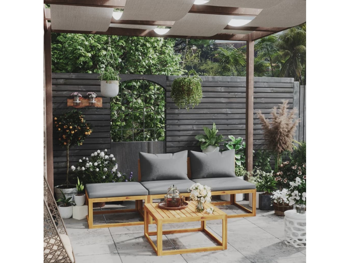 Vidaxl 4 Pcs Conjunto Lounge De Jardim C/ Almofadões Acácia Maciça