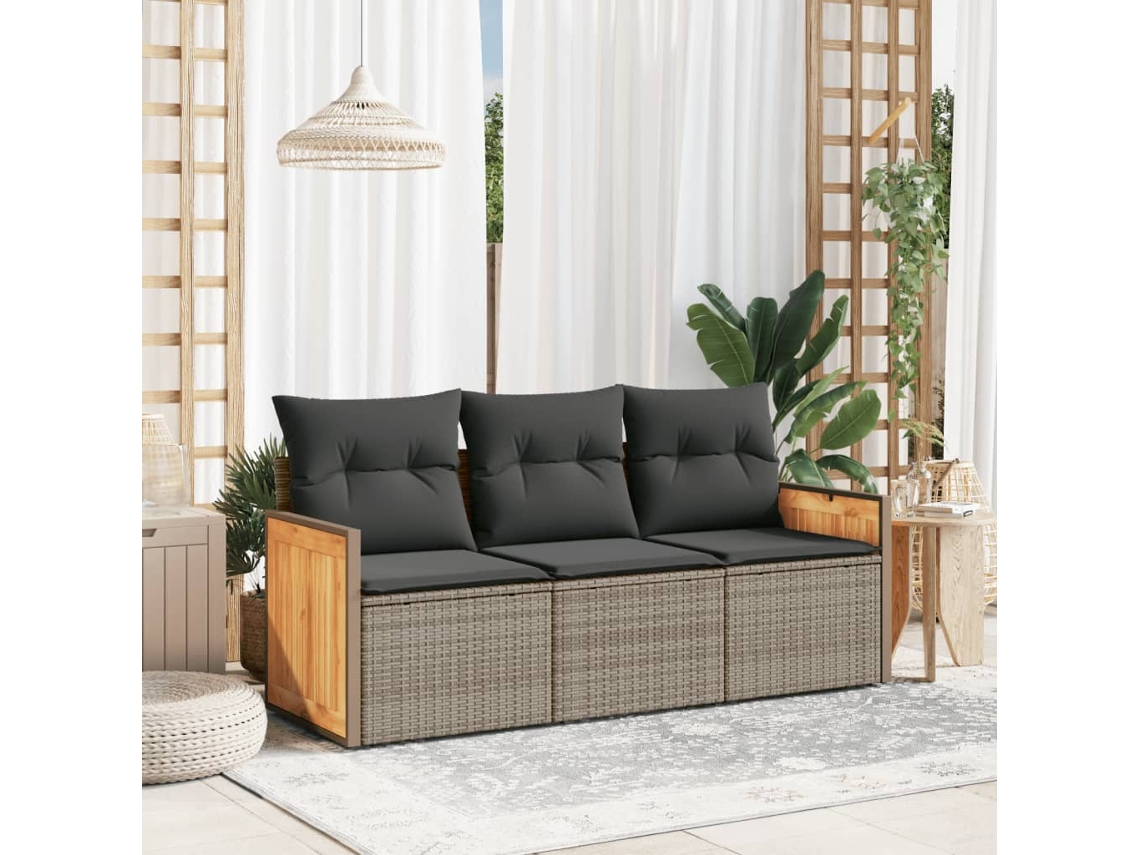 Vidaxl 3 Pcs Conjunto Sofás De Jardim C/ Almofadões Vime Pe Cinzento