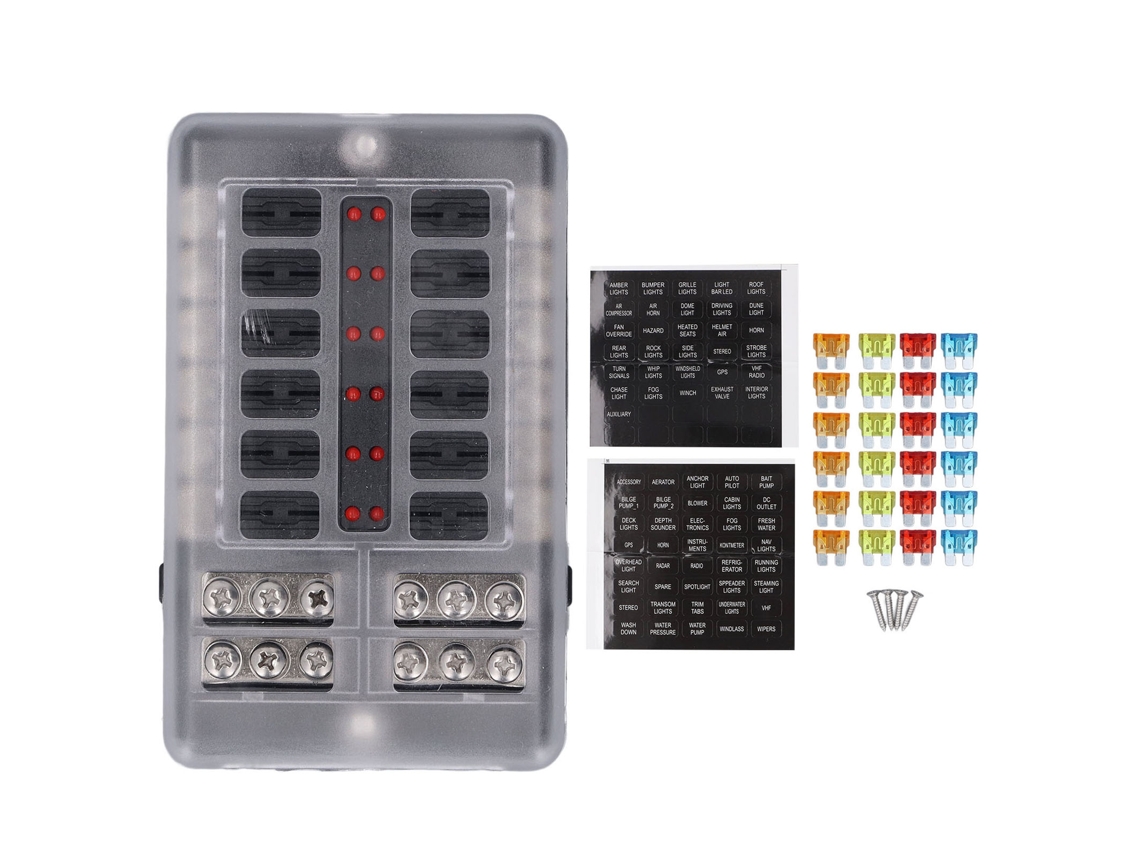Panel de Fusíveis Marinho de 12 Vias 12v 24v com Tampa Impermeável e Led para Carro Caminhão