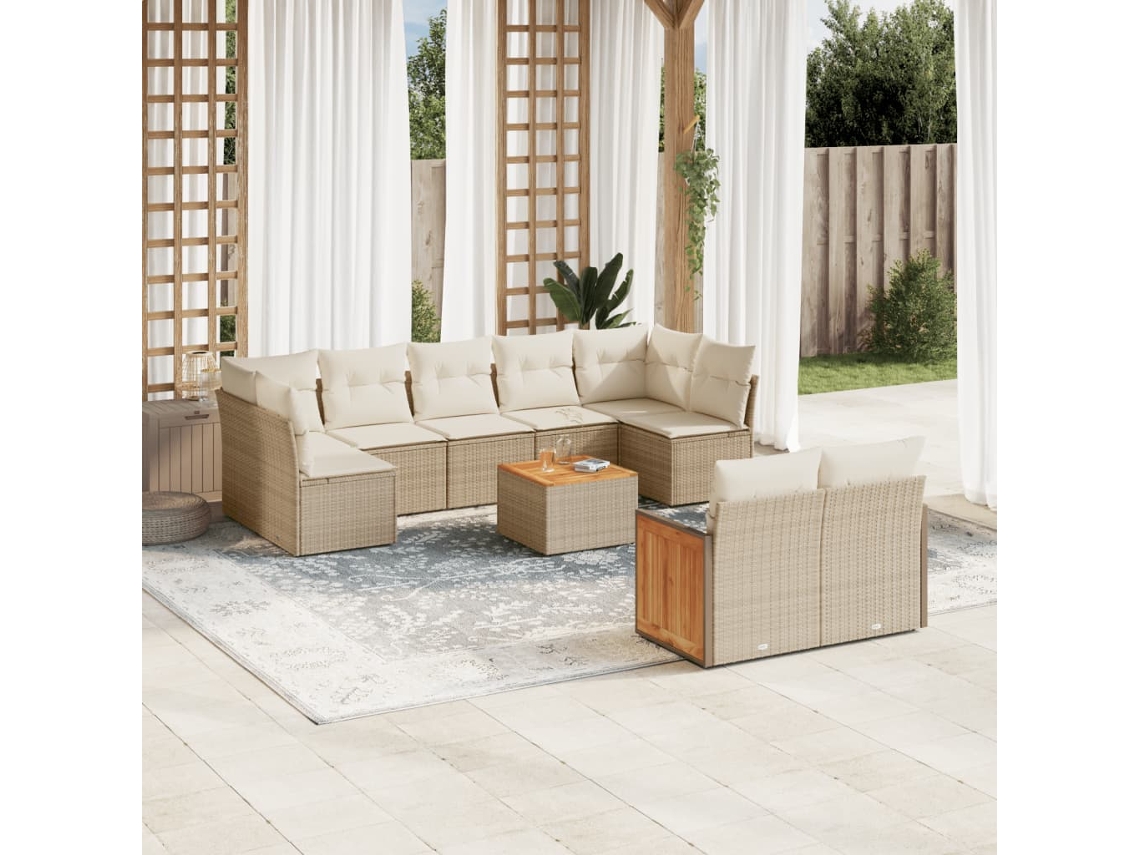 Vidaxl 10 Pcs Conjunto De Sofás P/ Jardim Com Almofadões Vime Pe Bege