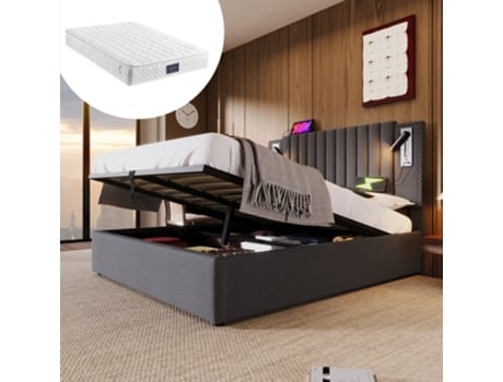 Cama Estofada 160x200, Cama De Casal, Luz De Leitura Com Cabeceira Usb, Encosto Com Design De Rebite, Cinza Com Colchão