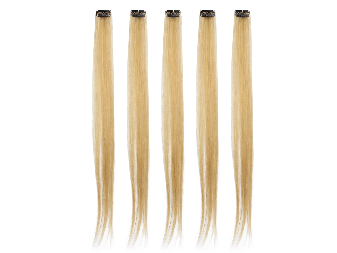 Conjunto de 5 extensões de cabelo liso e colorido com presilhas, ideal para festas e cosplay.