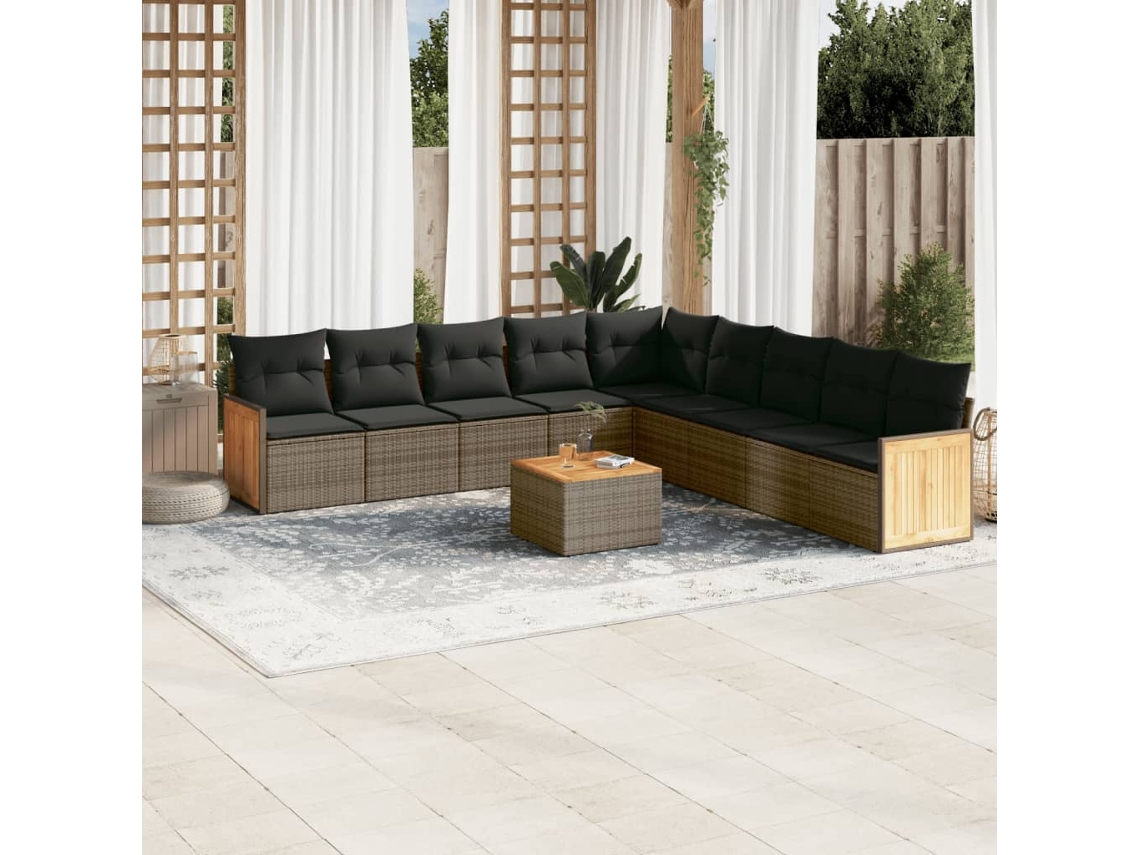 Vidaxl 10 Pcs Conjunto Sofás De Jardim C/ Almofadões Vime Pe Cinzento