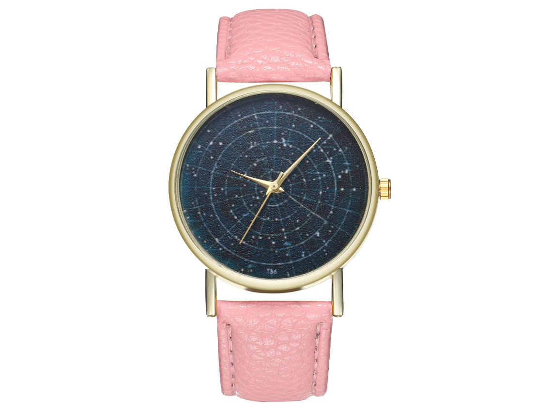 Relógio Masculino de Quartzo com Pulseira de Couro Mostrador Céu Estrelado Rosa