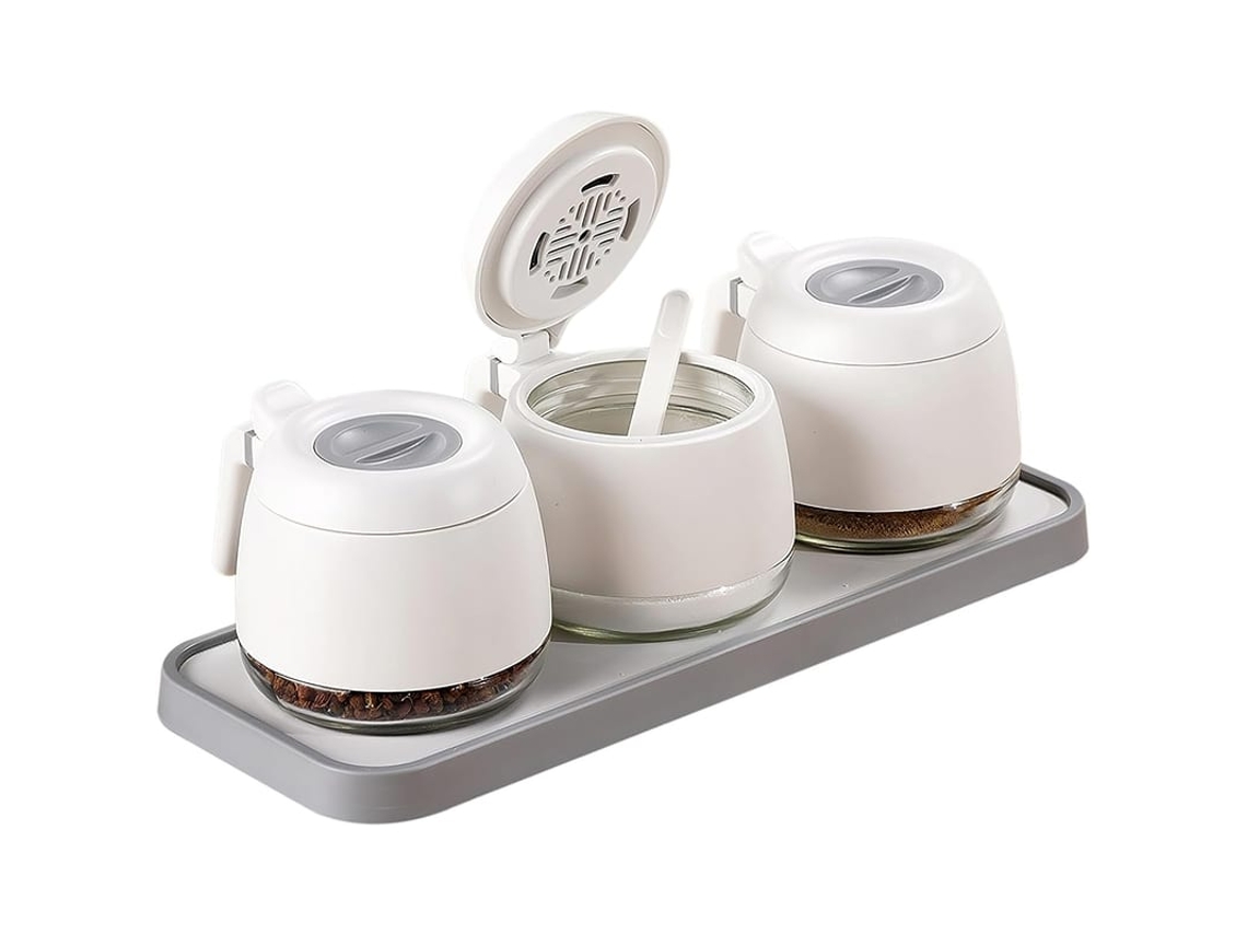 Conjunto de 3 potes de vidro herméticos com escorredor para sal, açúcar e temperos.