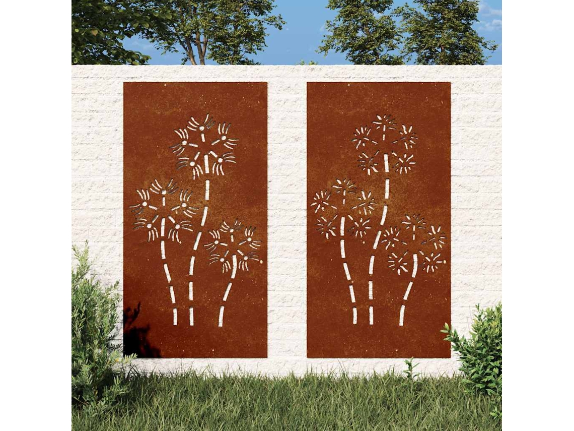 Vidaxl Decorações P/ Muro De Jardim 2 Pcs Aço Corten Design Flores