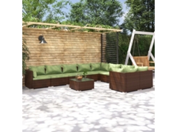 Vidaxl 10 Pcs Conjunto Lounge De Jardim C/ Almofadões Vime Pe Castanho