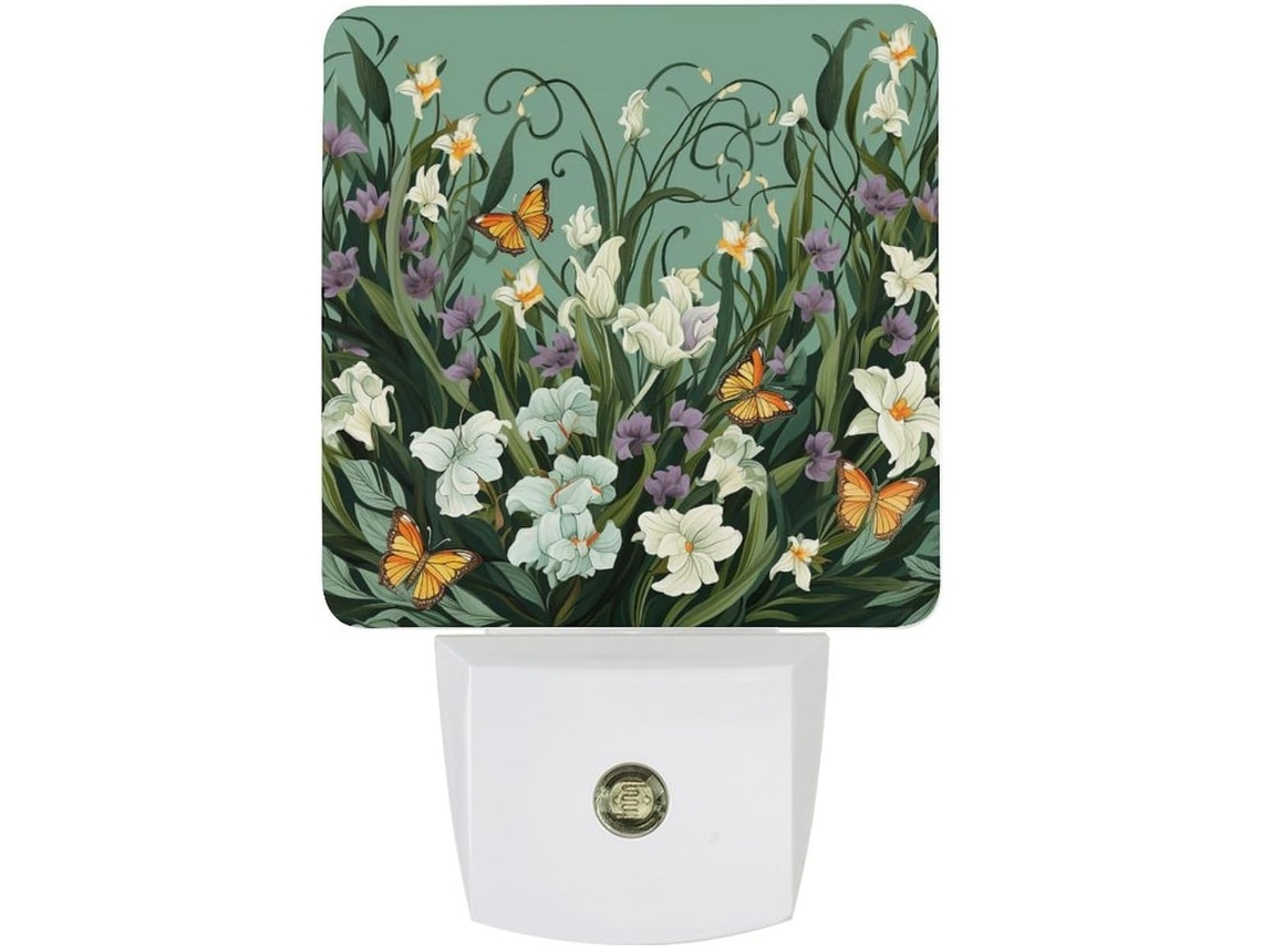 Luminária de parede LED noturna com plugue, acendimento automático, com sensor automático, estampa floral.