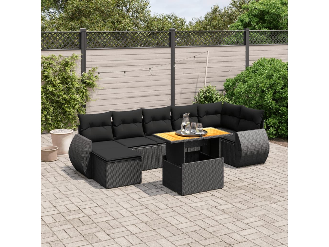 Vidaxl 8 Pcs Conjunto Sofás De Jardim Com Almofadões Vime Pe Preto