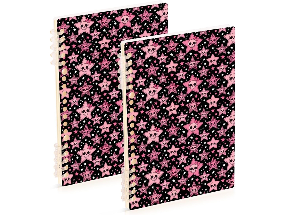 Conjunto Mcbling com 2 Cadernos Espiral Pautados Rosa, Tamanho A5 , Estampas de Estrela, Cavei (21,1 X 14,5 Cm)