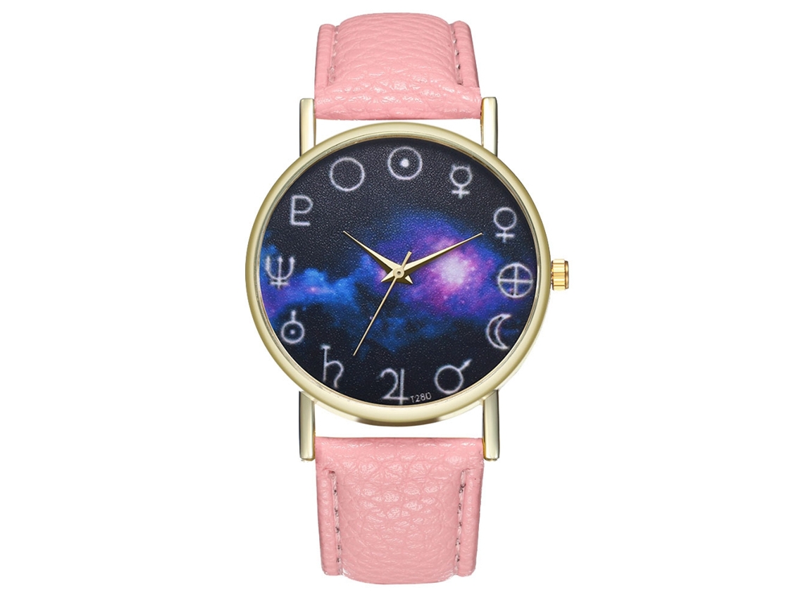 Reloj De Pulsera Unisex De Cuarzo Con Correa De Cuero Pu Patrón Nebulosa Rosa Zhoulianfa