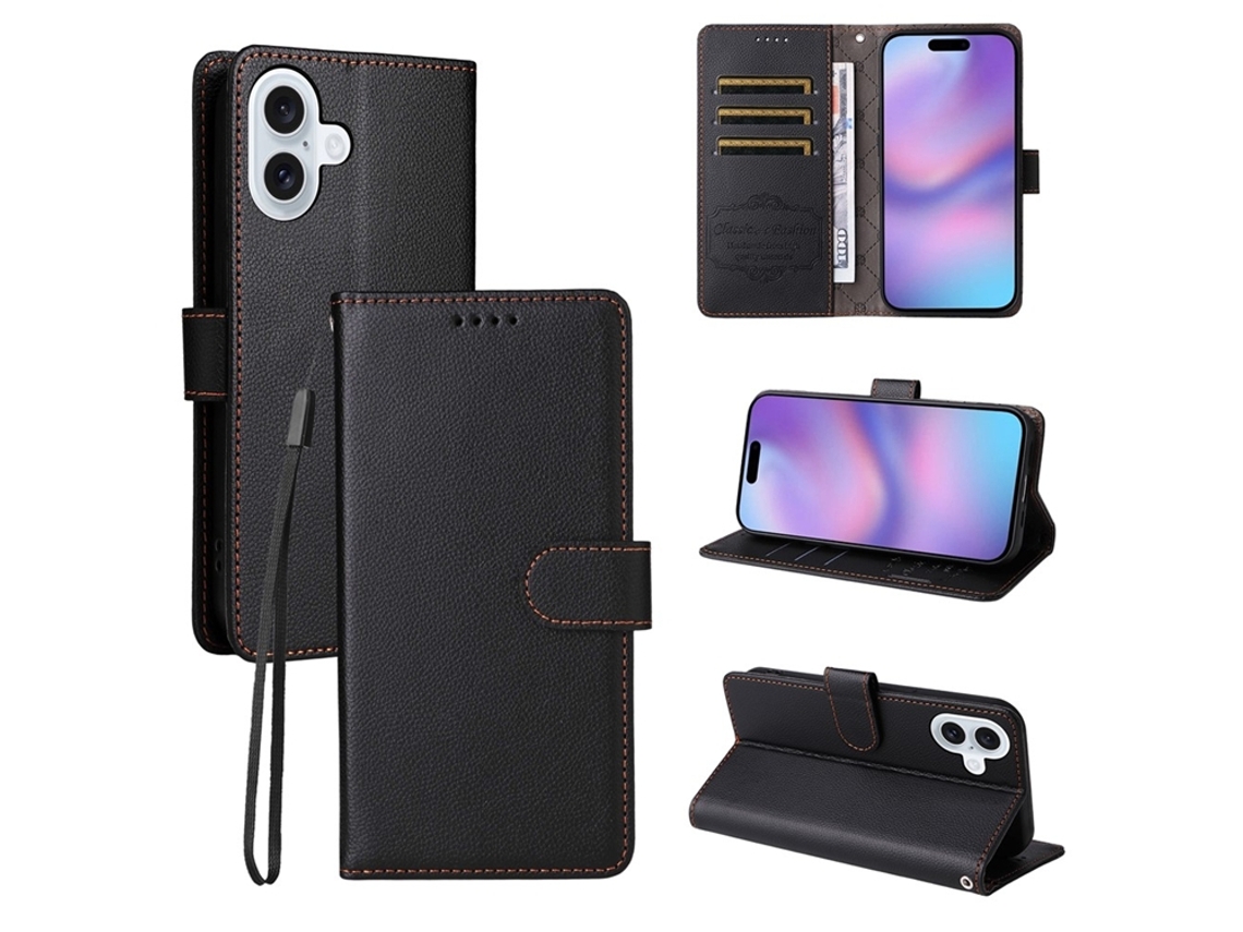 Capa Carteira Para Iphone 17 Com Bloqueio Rfid E Alça De Pulso - Preta