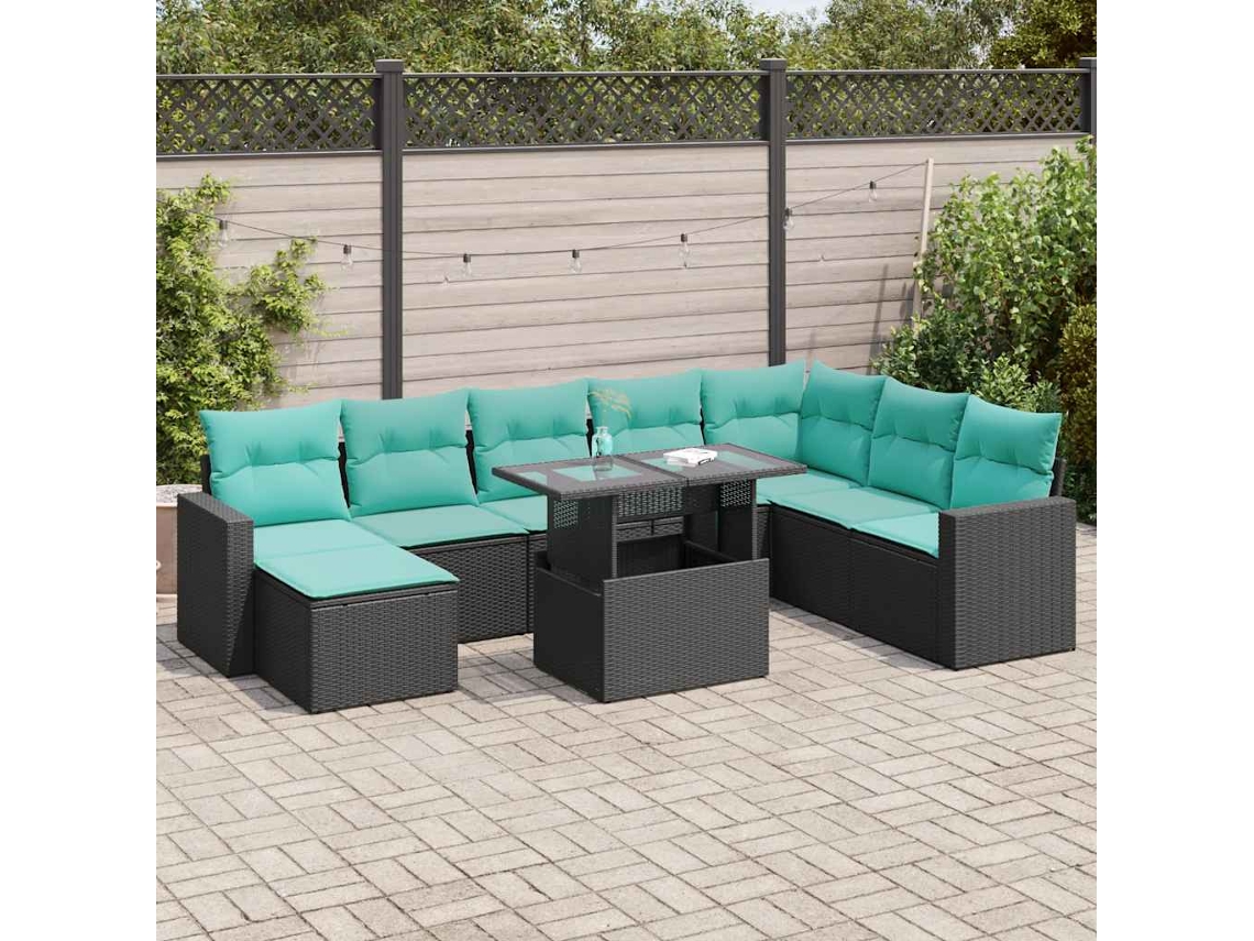 Vidaxl 9 Pcs Conjunto Sofás P/ Jardim Almofadões Vime Pe/acácia Preto