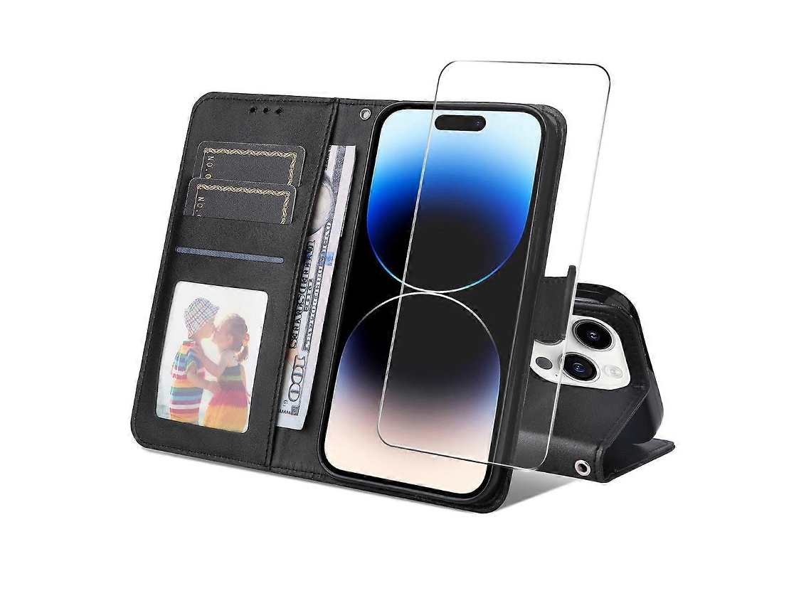 Capa Tipo Carteira De Couro Sintético Tkdaddy Para Iphone 15 Pro Max, Enkay Hat Prince, Capa Com Suporte Para Celular E Vidro Temperado, Preta