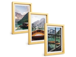 Composição De Quadros Lago Na Montanha, Barco, Chalés Espelharte (3 Peças 20x30 Cm)