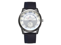 Relógio de quartzo unissex com pulseira de couro PU e mostrador redondo azul clássico e elegante.