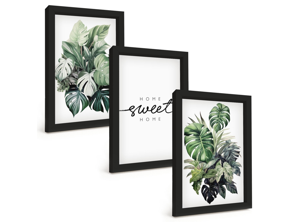 Um Conjunto De Imagens Decorativas Em Uma Moldura Plantas Com As Palavras "doce Lar" Moldura Preta Pinturas De Quarto Espelharte (3 Peças 20x30 Cm)