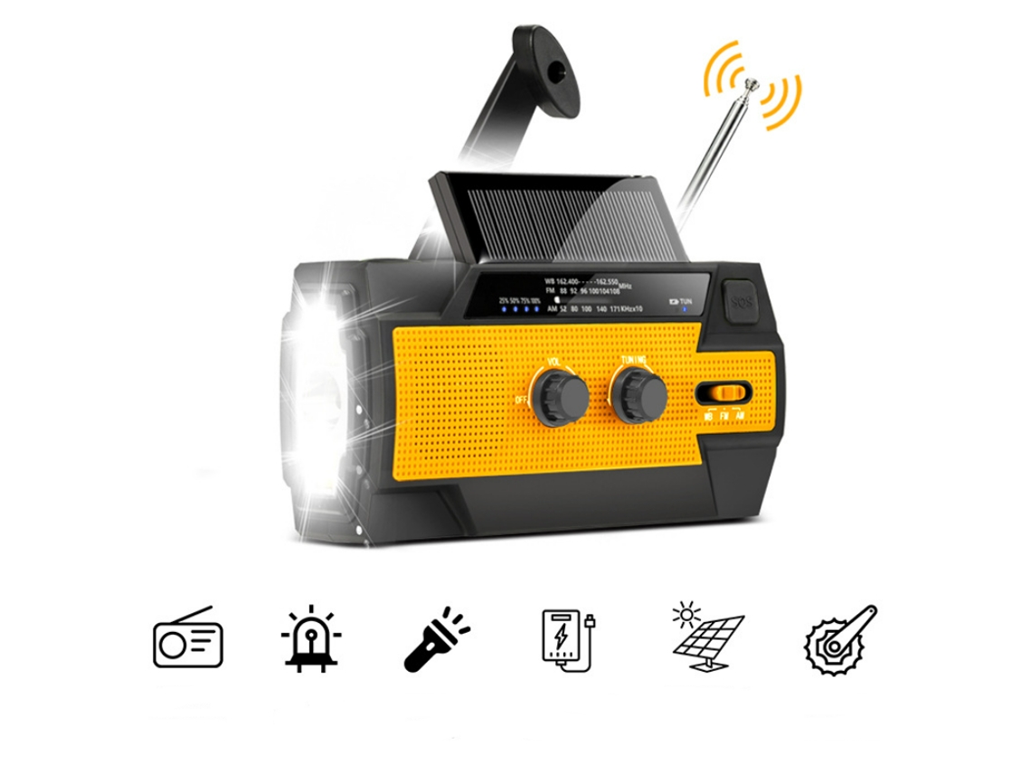 RÁDIO DE EMERGÊNCIA AQUAFORGE, meteorológico de 4000mah, manivela, carregador solar