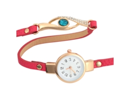 Relógio Pulseira Feminino de Quartzo com Strass Pulseira Pu Ajustável Rosa Vermelho
