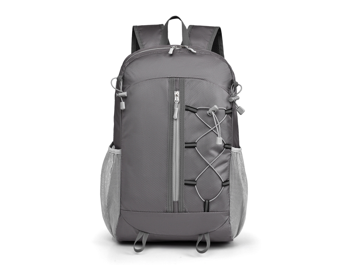Mochila dupla e leve para atividades ao ar livre (cinza), com grande capacidade, ideal para caminhadas, viagens e esportes.
