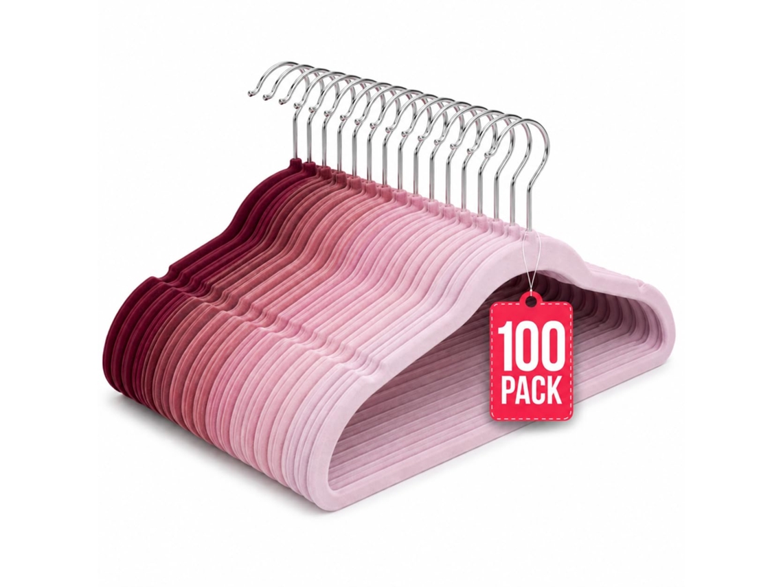 Cabides de Veludo Antiderrapantes Pack 100 Tons Rosa com gancho 360° COM-FORT HOUSE