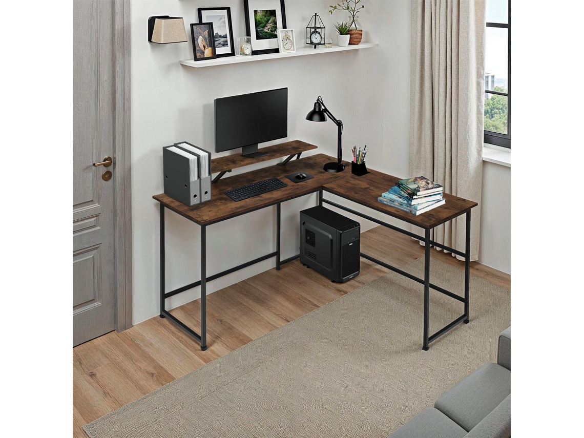 Secretária de Escritório Melrose TECTAKE (Madeira Industrial Escura - 130 x 140 x 76.5 cm)