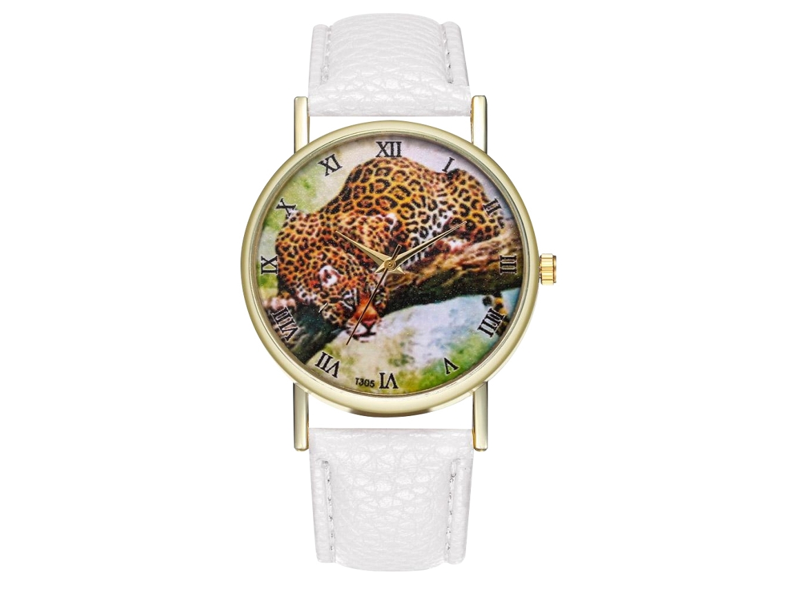 Relógio de Pulso Unissex de Quartzo com Pulseira de Couro Pu Moda Padrão Leopardo Branco