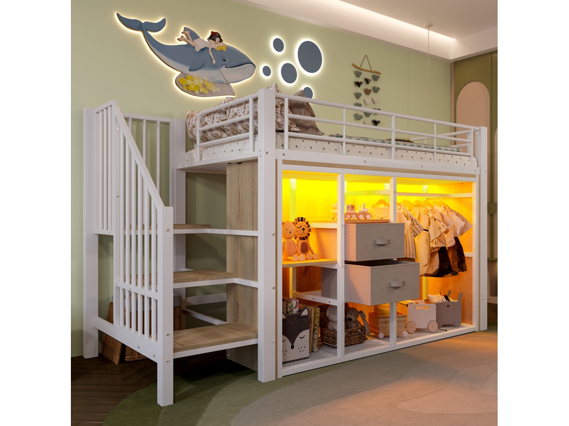 Cama 90x200cm Meia Altura Com Gavetas Armário E Led Branco