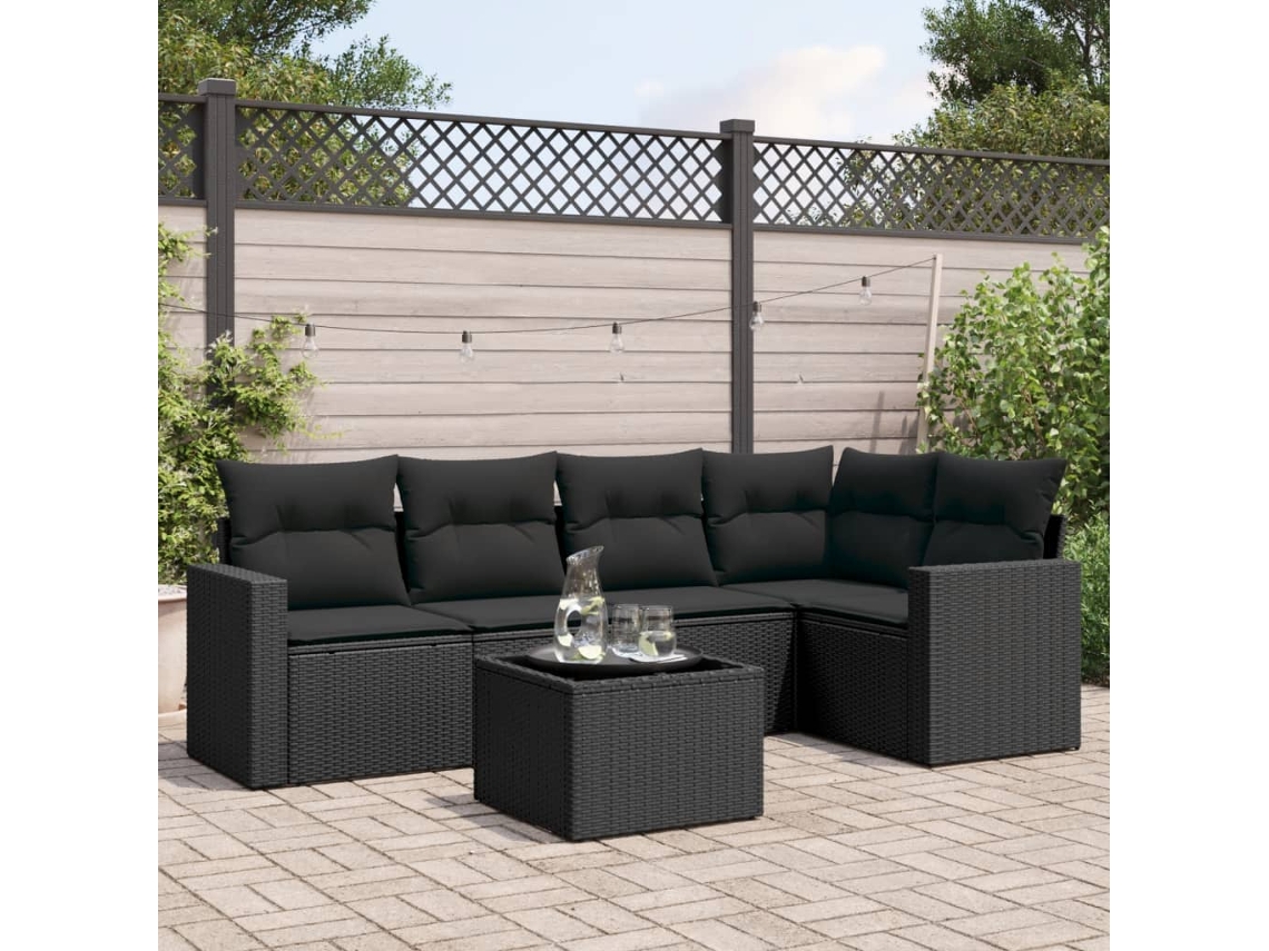 Vidaxl 6 Pcs Conjunto Sofás De Jardim C/ Almofadões Vime Pe Preto