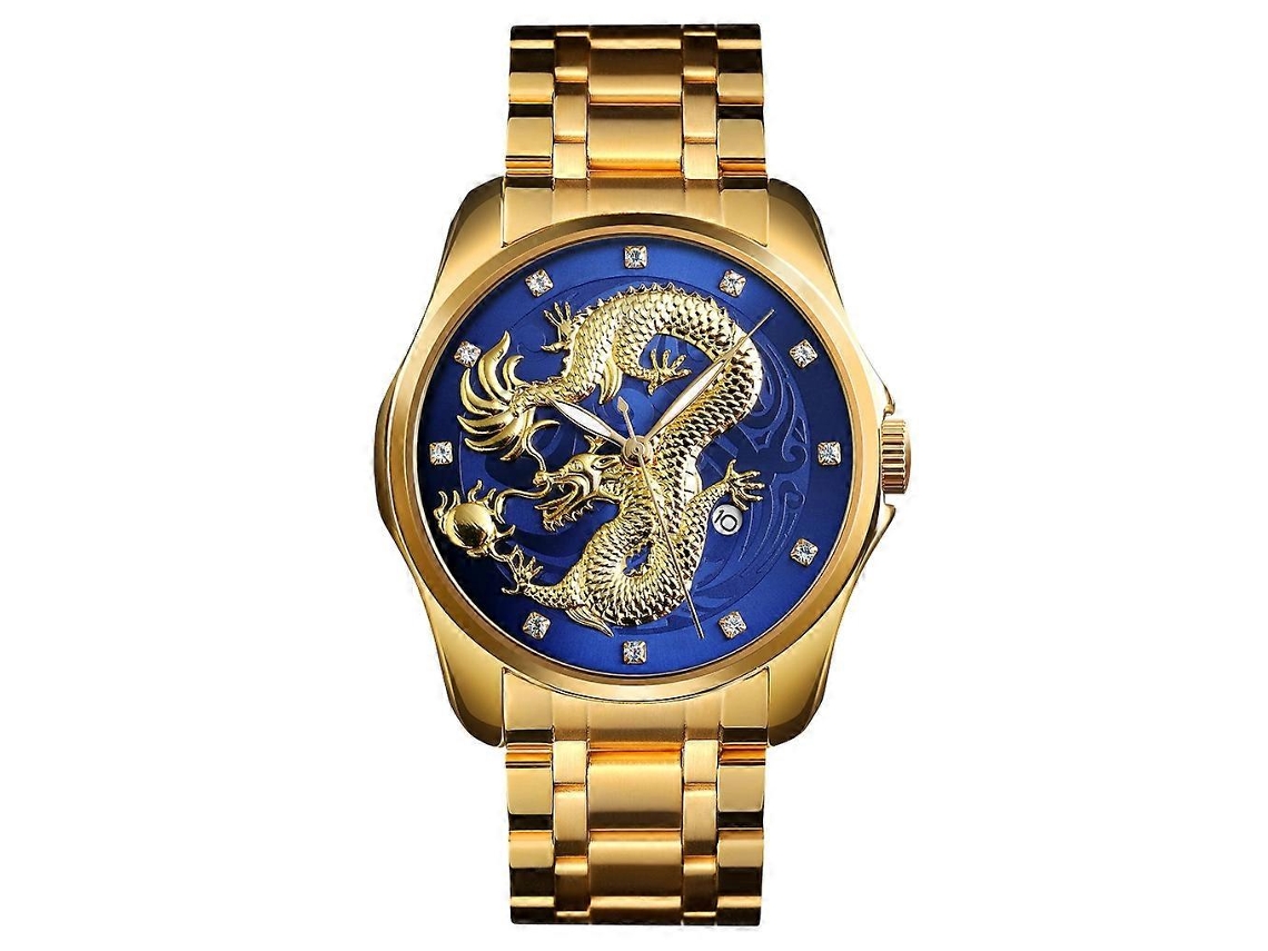 Relógio De Quartzo Skmei 9193 Masculino Com Padrão De Dragão Dourado, Calendário E Luminescência.