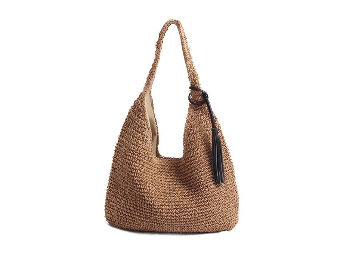 2026 bolso de Paja Grande Suave Tejido a Mano Con Borlas Negras Bohemio Mango de Paja Tote Verano Retro