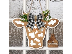 2026 adorno Puerta Bienvenida Cabeza Vaca Madera Rústica Bow Plaid Hojas Decoración Hogar Exterior Interior 13.4x11 Polegadas